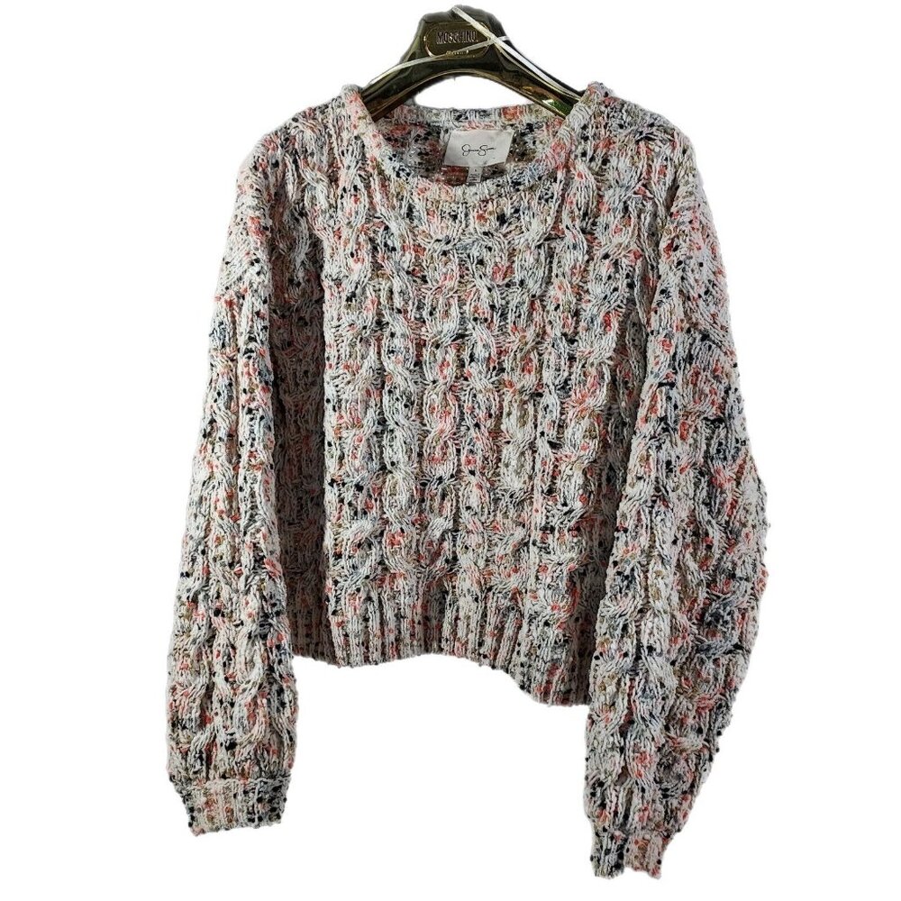 Jessica Simpson White Confetti Multi-Color Cropped Knit Sweater Ribbed Cuff Larg - Picture 1 of 14